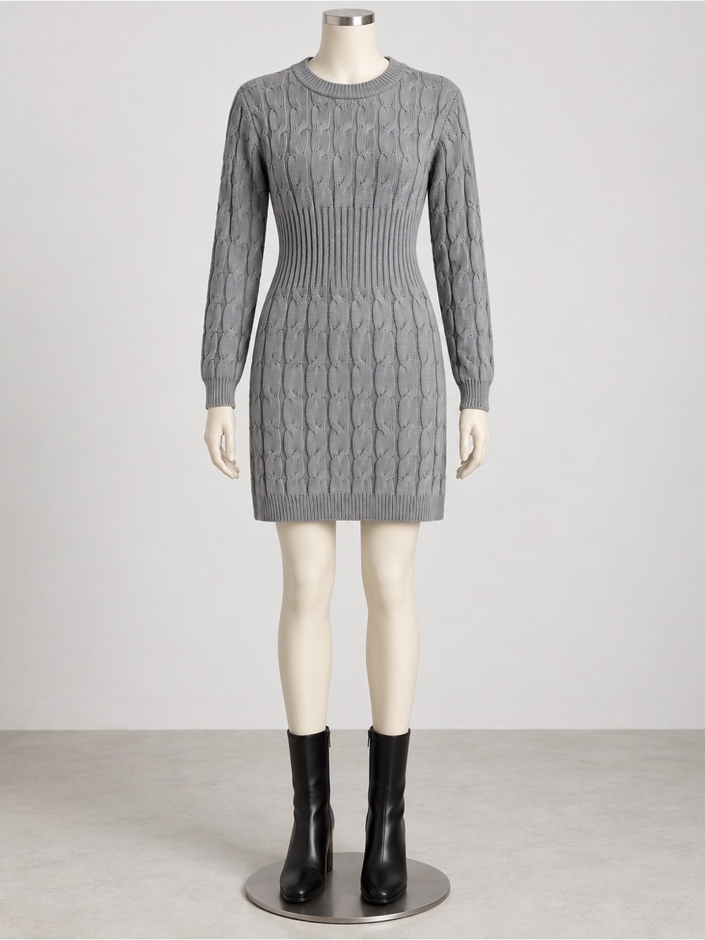 Ribbed Cable-Knit Long Sleeve Dress - Gray
